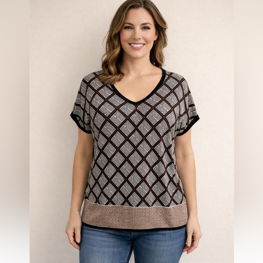 Coldwater Creek City Blocks Silk Blend Knit Top Size Medium 12 Geometric Diamond